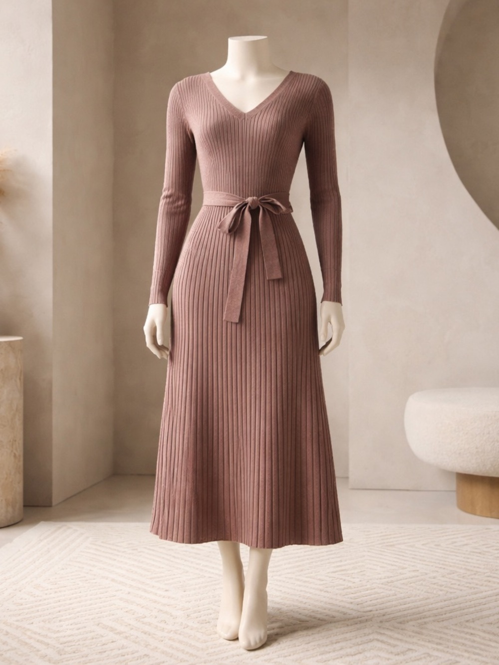 Ribbed V-Neck Tie-Waist Midi Dress - Mauve